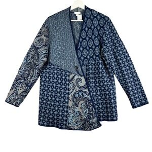J Jill Bohemian Patchwork Print Open Front Cardigan Sweater Blue Grey Medium